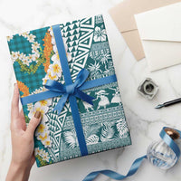 Hawaiian Plumeria Lei Wrapping Paper Kakau Motifs and Palaka Half Style Turquoise Color - Polynesian Pride