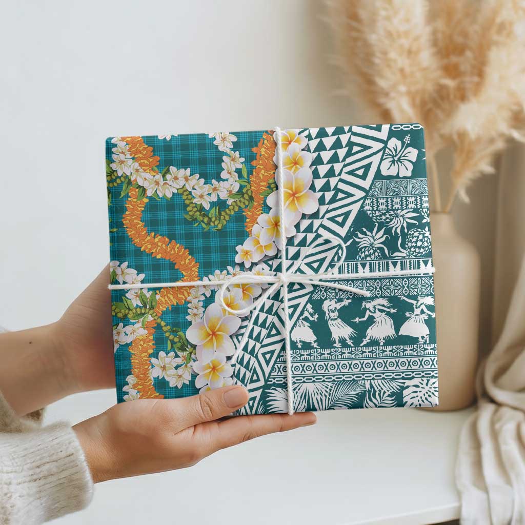 Hawaiian Plumeria Lei Wrapping Paper Kakau Motifs and Palaka Half Style Turquoise Color - Polynesian Pride
