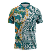 Hawaiian Plumeria Lei Zipper Polo Shirt Kakau Motifs and Palaka Half Style Turquoise Color - Polynesian Pride