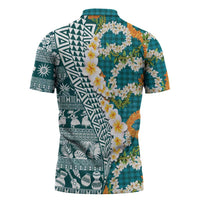 Hawaiian Plumeria Lei Zipper Polo Shirt Kakau Motifs and Palaka Half Style Turquoise Color - Polynesian Pride