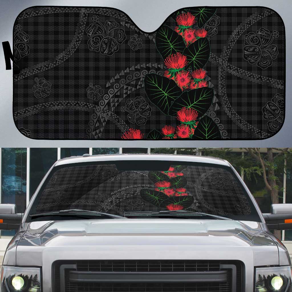 Hawaiian Kakau Art Auto Sun Shade Taro Leaves with Ohia Lehua and Pakala Pattern LT03 Black - Polynesian Pride