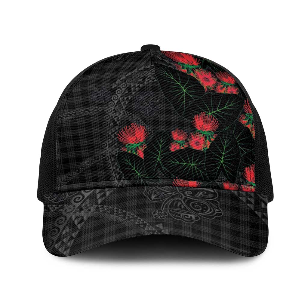 Hawaiian Kakau Art Baseball Net Cap Taro Leaves with Ohia Lehua and Pakala Pattern - Polynesian Pride