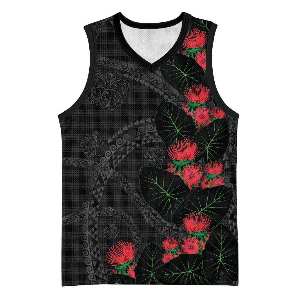 Hawaiian Kakau Art Basketball Jersey Taro Leaves with Ohia Lehua and Pakala Pattern - Polynesian Pride