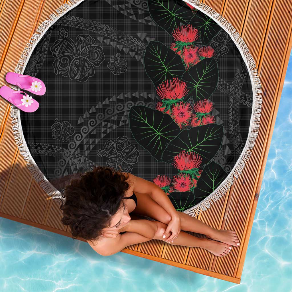 Hawaiian Kakau Art Beach Blanket Taro Leaves with Ohia Lehua and Pakala Pattern - Polynesian Pride