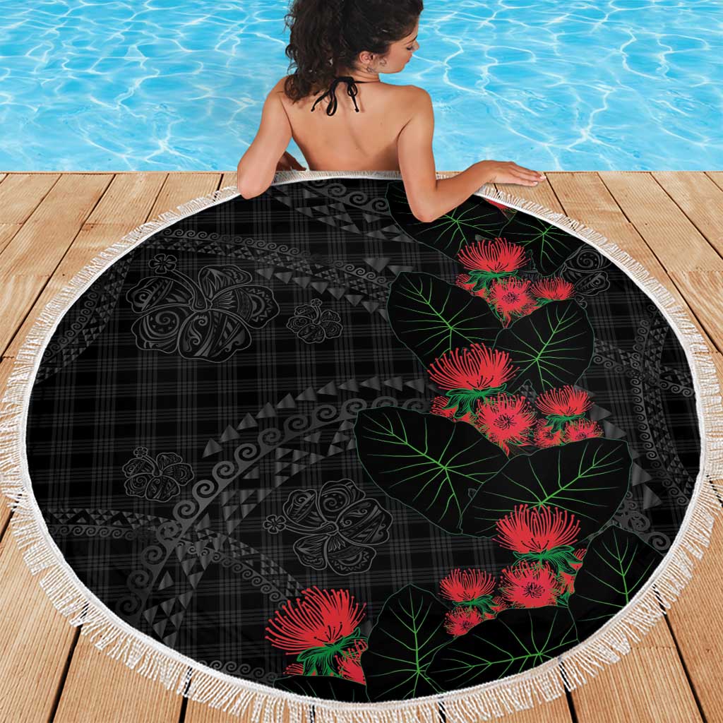 Hawaiian Kakau Art Beach Blanket Taro Leaves with Ohia Lehua and Pakala Pattern - Polynesian Pride