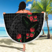 Hawaiian Kakau Art Beach Blanket Taro Leaves with Ohia Lehua and Pakala Pattern - Polynesian Pride