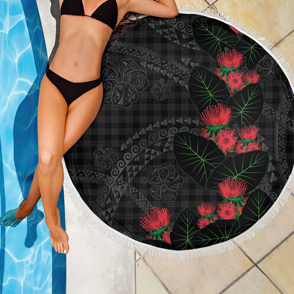 Hawaiian Kakau Art Beach Blanket Taro Leaves with Ohia Lehua and Pakala Pattern - Polynesian Pride