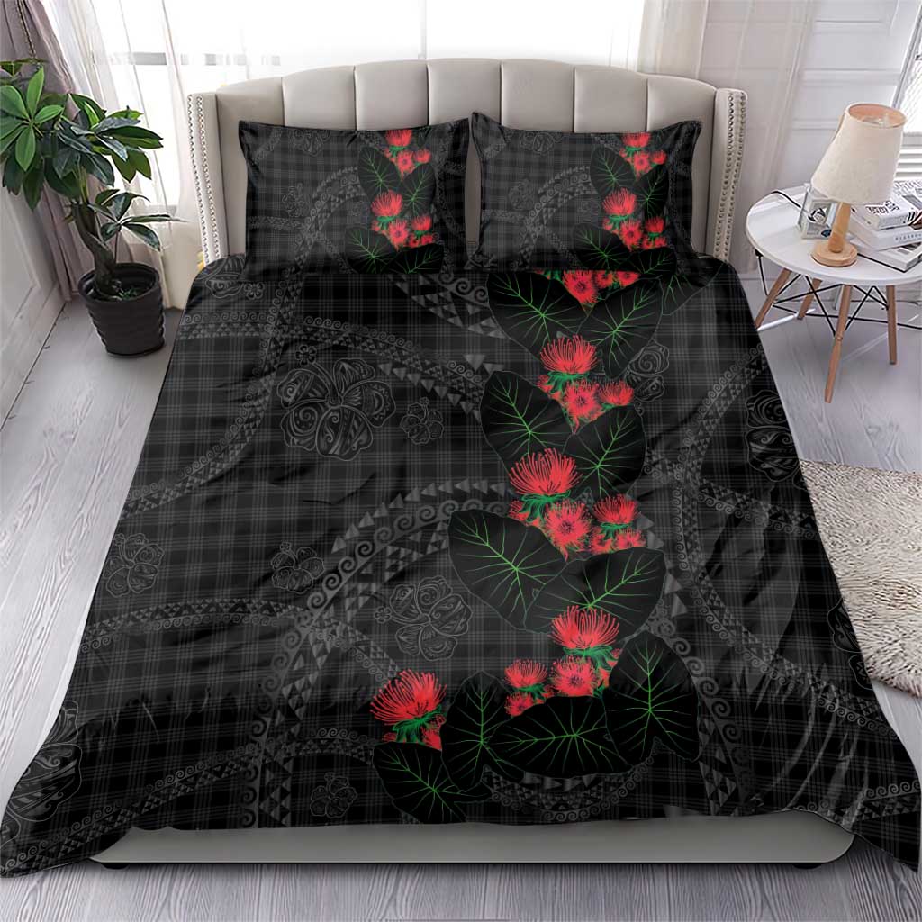Hawaiian Kakau Art Bedding Set Taro Leaves with Ohia Lehua and Pakala Pattern - Polynesian Pride