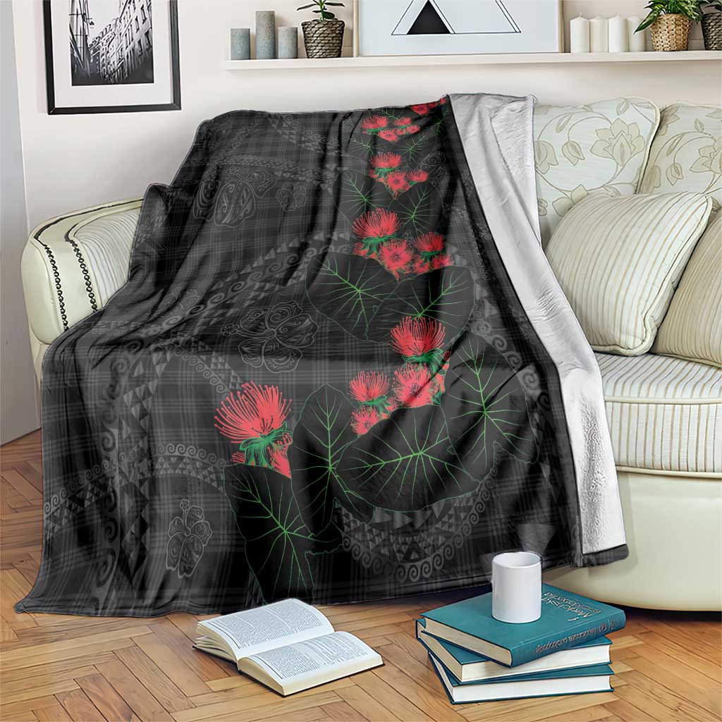 Hawaiian Kakau Art Blanket Taro Leaves with Ohia Lehua and Pakala Pattern - Polynesian Pride