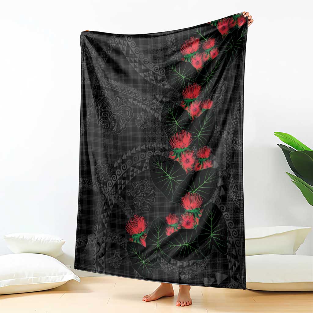 Hawaiian Kakau Art Blanket Taro Leaves with Ohia Lehua and Pakala Pattern - Polynesian Pride