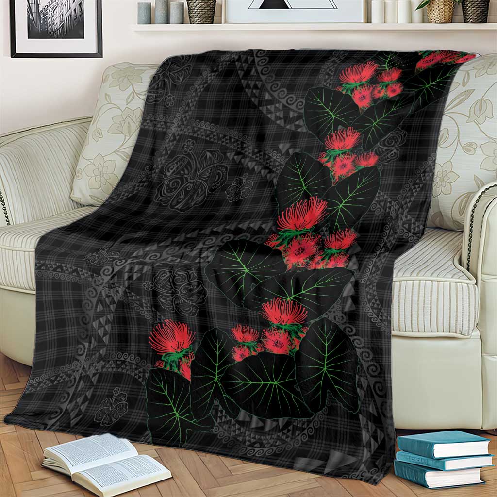 Hawaiian Kakau Art Blanket Taro Leaves with Ohia Lehua and Pakala Pattern - Polynesian Pride