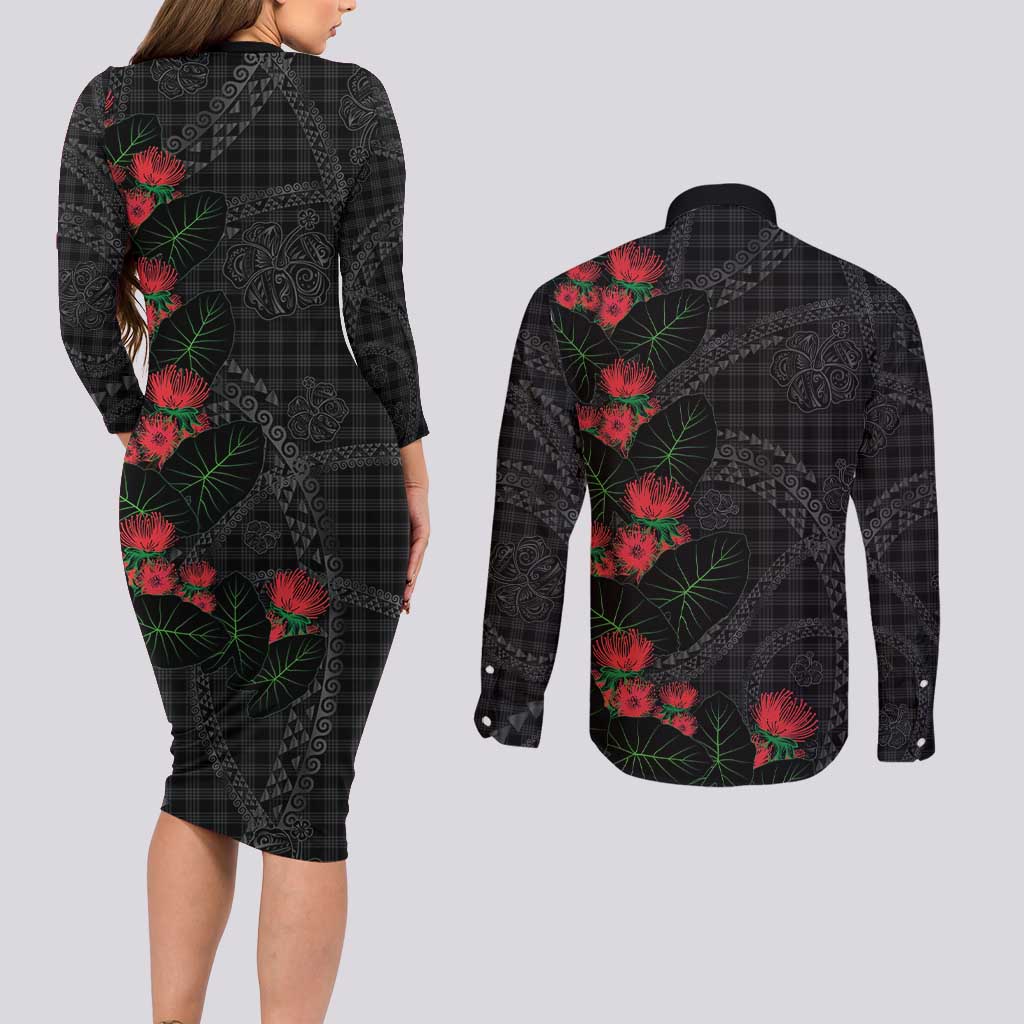 Hawaiian Kakau Art Couples Matching Long Sleeve Bodycon Dress and Long Sleeve Button Shirt Taro Leaves with Ohia Lehua and Pakala Pattern - Polynesian Pride