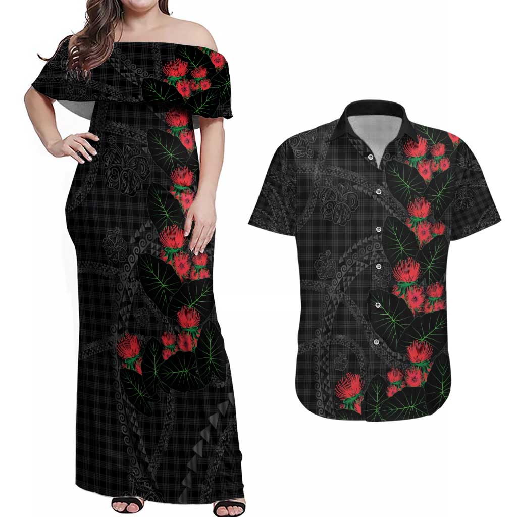 Hawaiian Kakau Art Couples Matching Off Shoulder Maxi Dress and Hawaiian Shirt Taro Leaves with Ohia Lehua and Pakala Pattern - Polynesian Pride