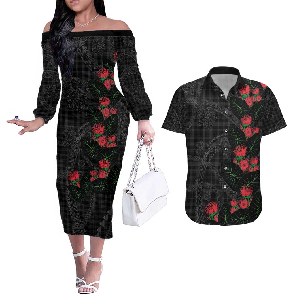 Hawaiian Kakau Art Couples Matching Off The Shoulder Long Sleeve Dress and Hawaiian Shirt Taro Leaves with Ohia Lehua and Pakala Pattern - Polynesian Pride