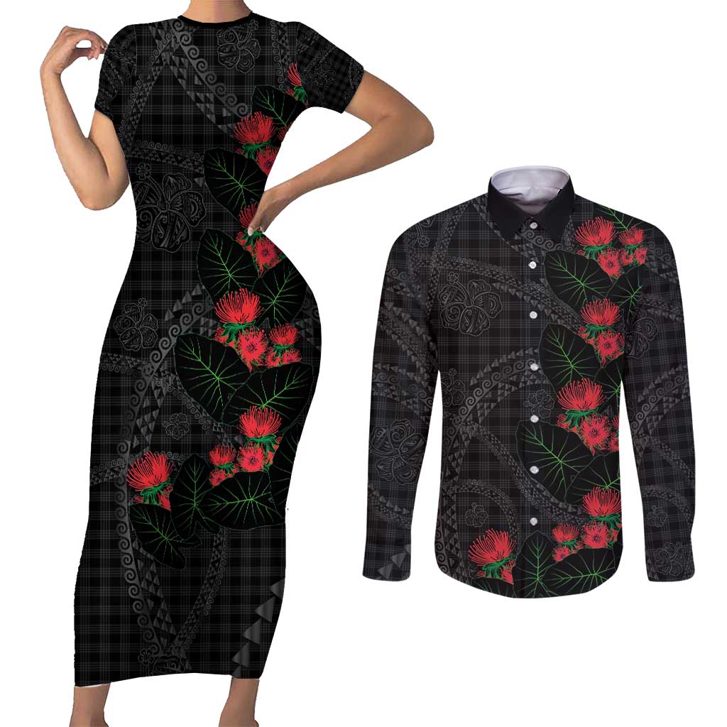 Hawaiian Kakau Art Couples Matching Short Sleeve Bodycon Dress and Long Sleeve Button Shirt Taro Leaves with Ohia Lehua and Pakala Pattern - Polynesian Pride
