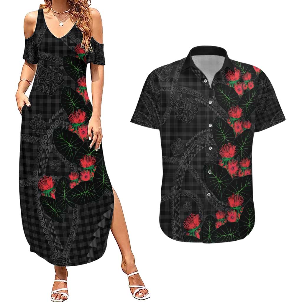 Hawaiian Kakau Art Couples Matching Summer Maxi Dress and Hawaiian Shirt Taro Leaves with Ohia Lehua and Pakala Pattern - Polynesian Pride