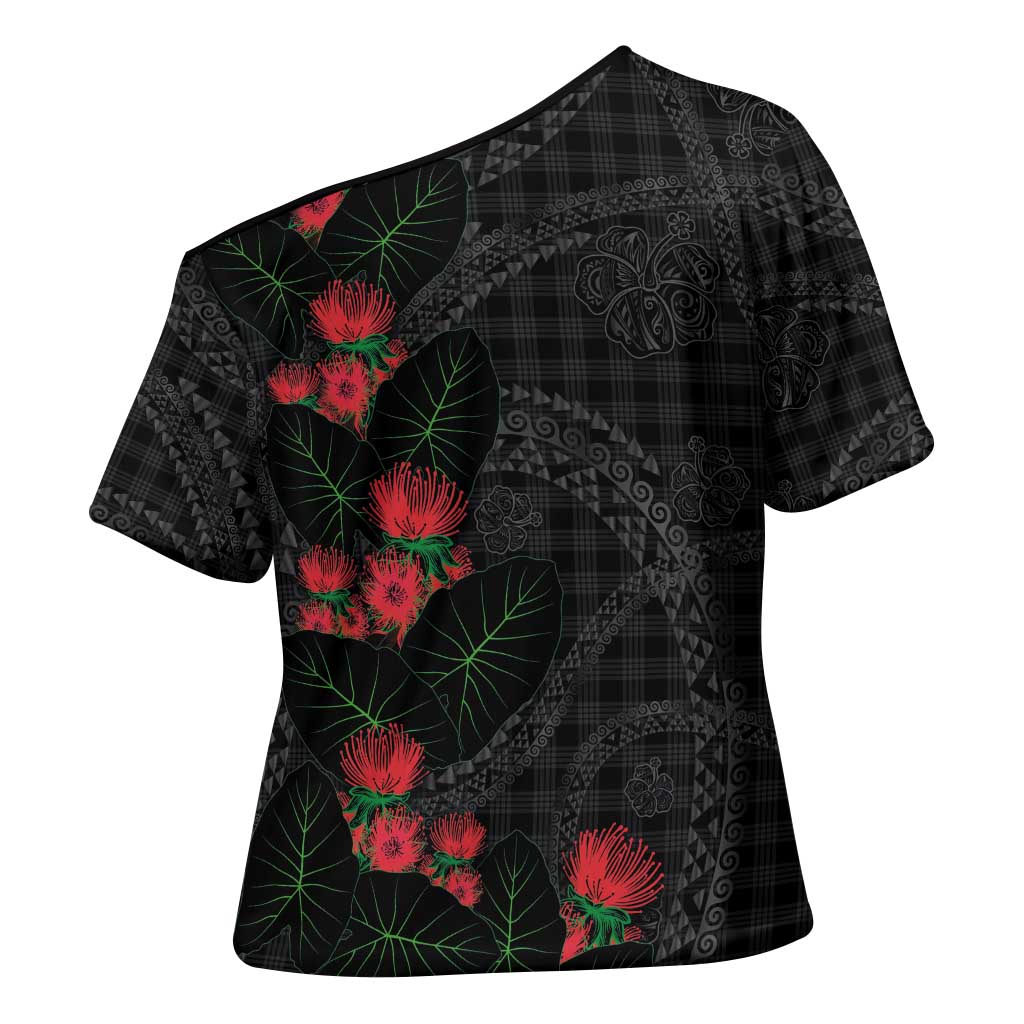 Hawaiian Kakau Art Cross Shoulder Shirt Taro Leaves with Ohia Lehua and Pakala Pattern - Polynesian Pride