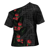 Hawaiian Kakau Art Cross Shoulder Shirt Taro Leaves with Ohia Lehua and Pakala Pattern - Polynesian Pride