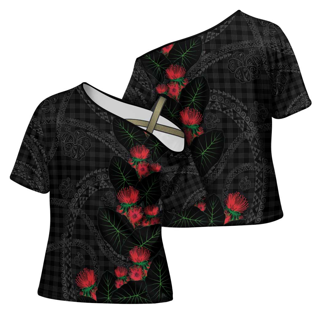 Hawaiian Kakau Art Cross Shoulder Shirt Taro Leaves with Ohia Lehua and Pakala Pattern - Polynesian Pride