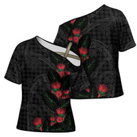 Hawaiian Kakau Art Cross Shoulder Shirt Taro Leaves with Ohia Lehua and Pakala Pattern - Polynesian Pride
