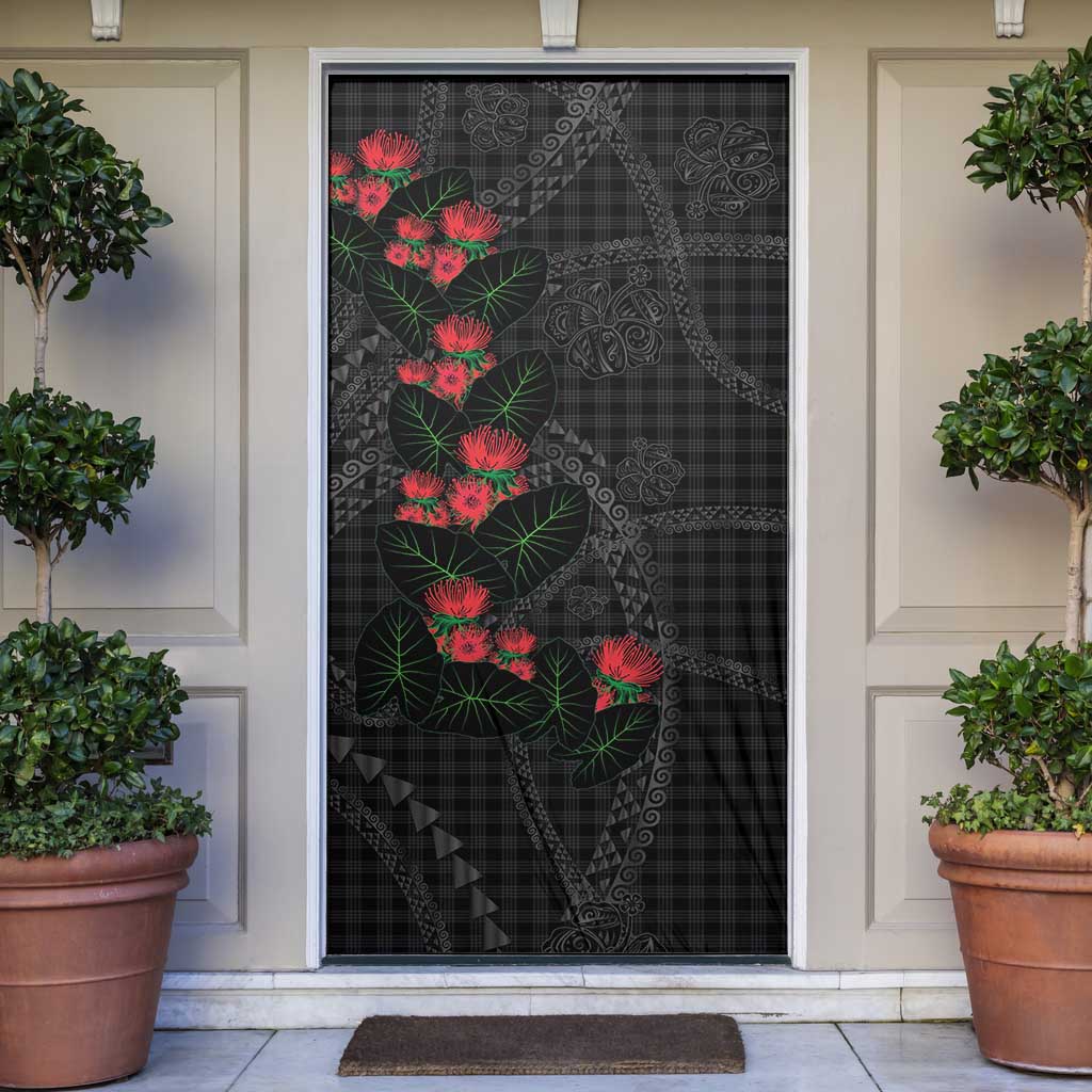 Hawaiian Kakau Art Door Cover Taro Leaves with Ohia Lehua and Pakala Pattern LT03 Black - Polynesian Pride