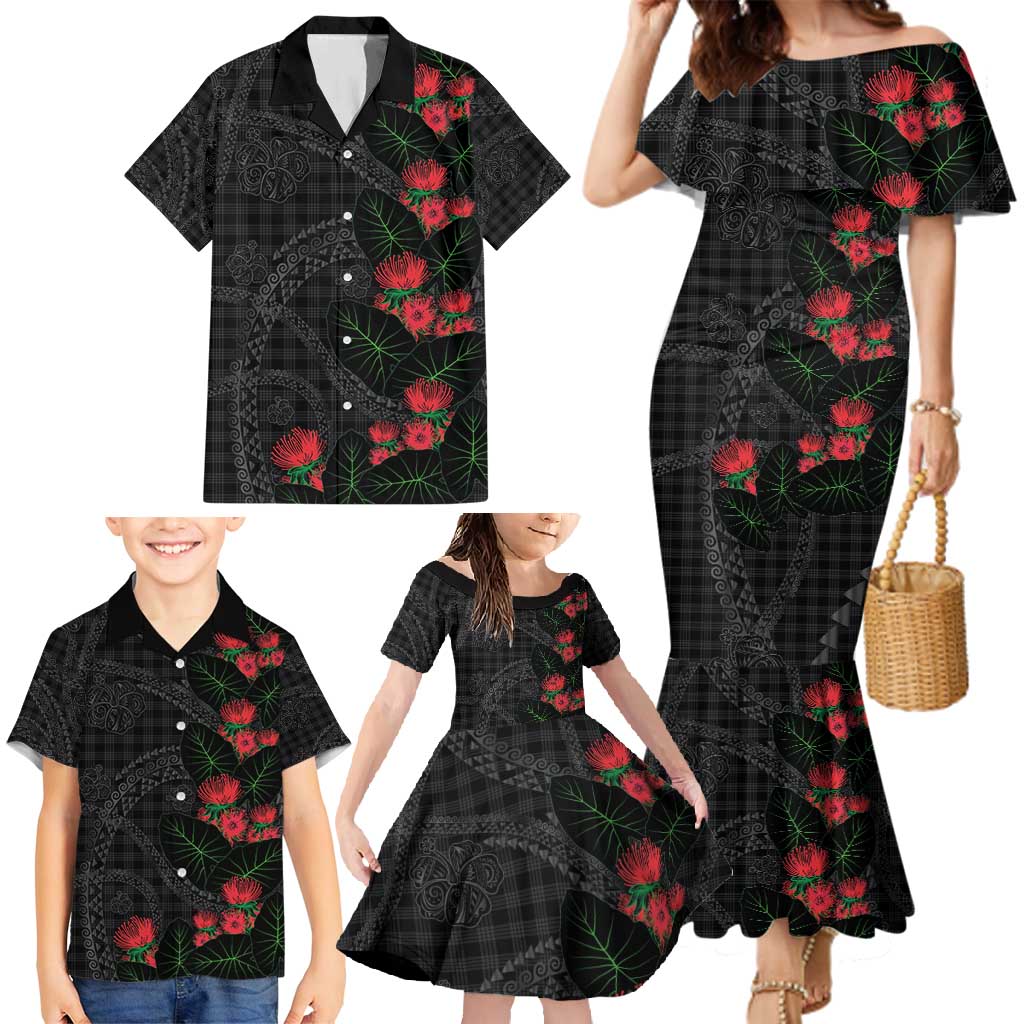 Hawaiian Kakau Art Family Matching Mermaid Dress and Hawaiian Shirt Taro Leaves with Ohia Lehua and Pakala Pattern - Polynesian Pride