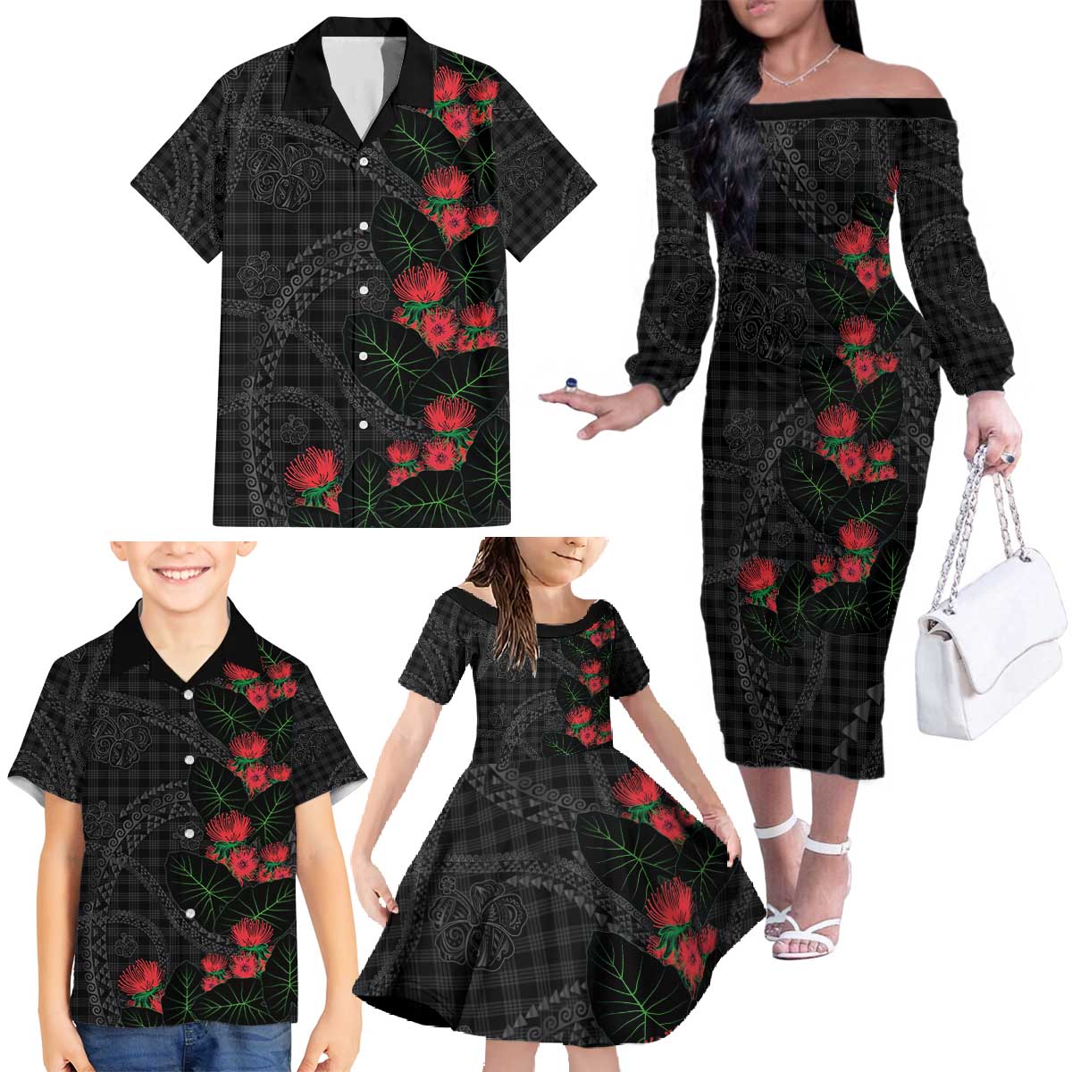 Hawaiian Kakau Art Family Matching Off The Shoulder Long Sleeve Dress and Hawaiian Shirt Taro Leaves with Ohia Lehua and Pakala Pattern - Polynesian Pride