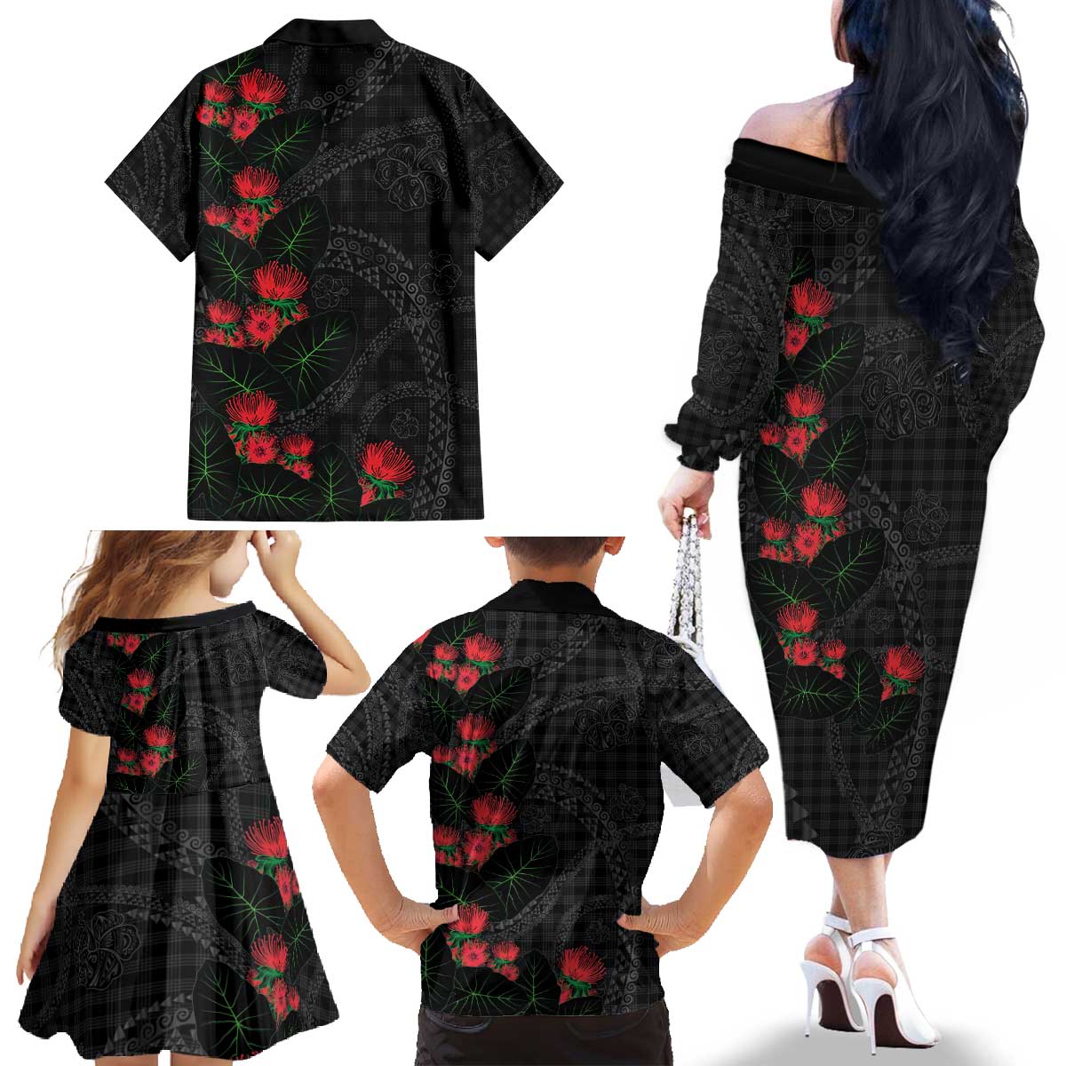 Hawaiian Kakau Art Family Matching Off The Shoulder Long Sleeve Dress and Hawaiian Shirt Taro Leaves with Ohia Lehua and Pakala Pattern - Polynesian Pride