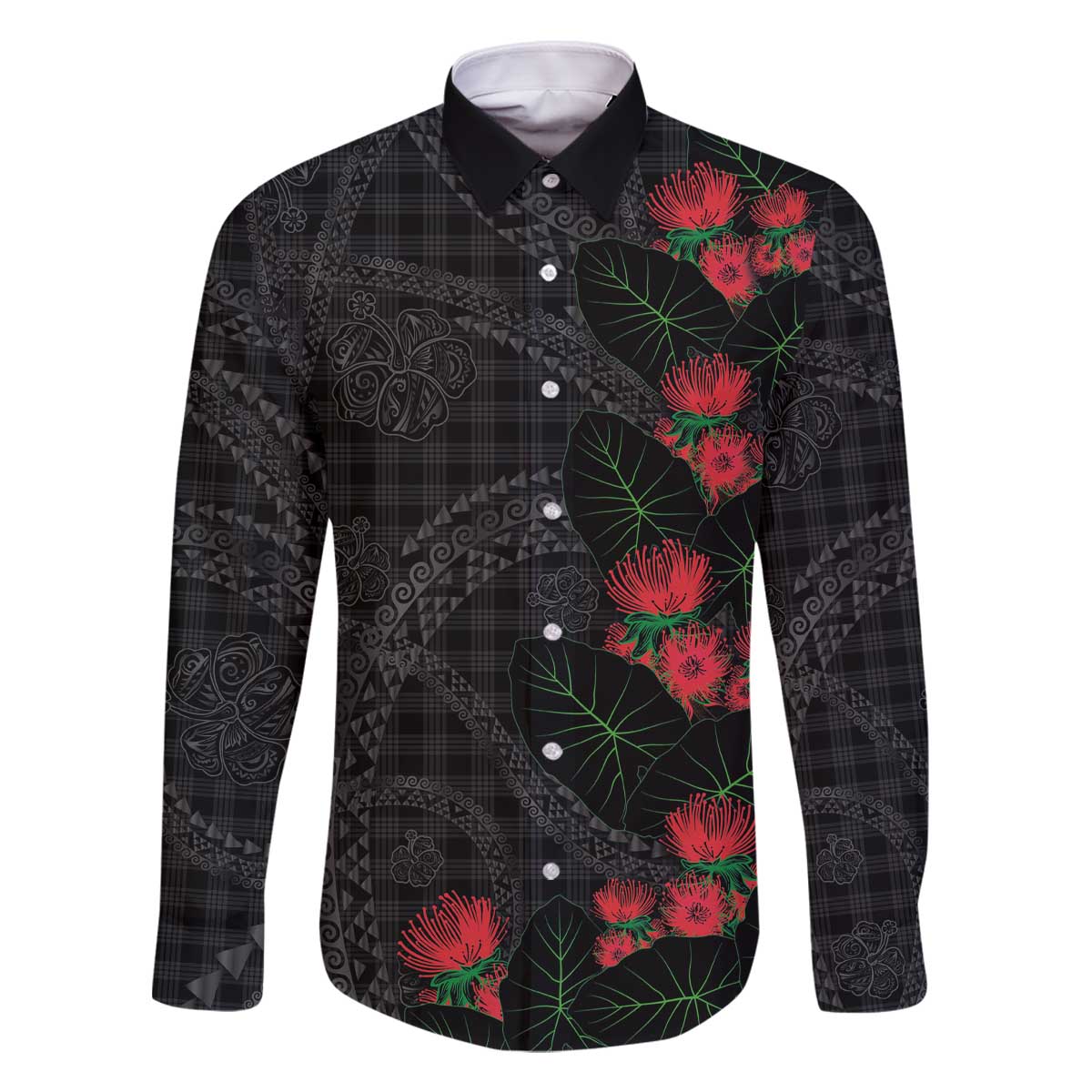 Hawaiian Kakau Art Family Matching Off The Shoulder Long Sleeve Dress and Hawaiian Shirt Taro Leaves with Ohia Lehua and Pakala Pattern - Polynesian Pride