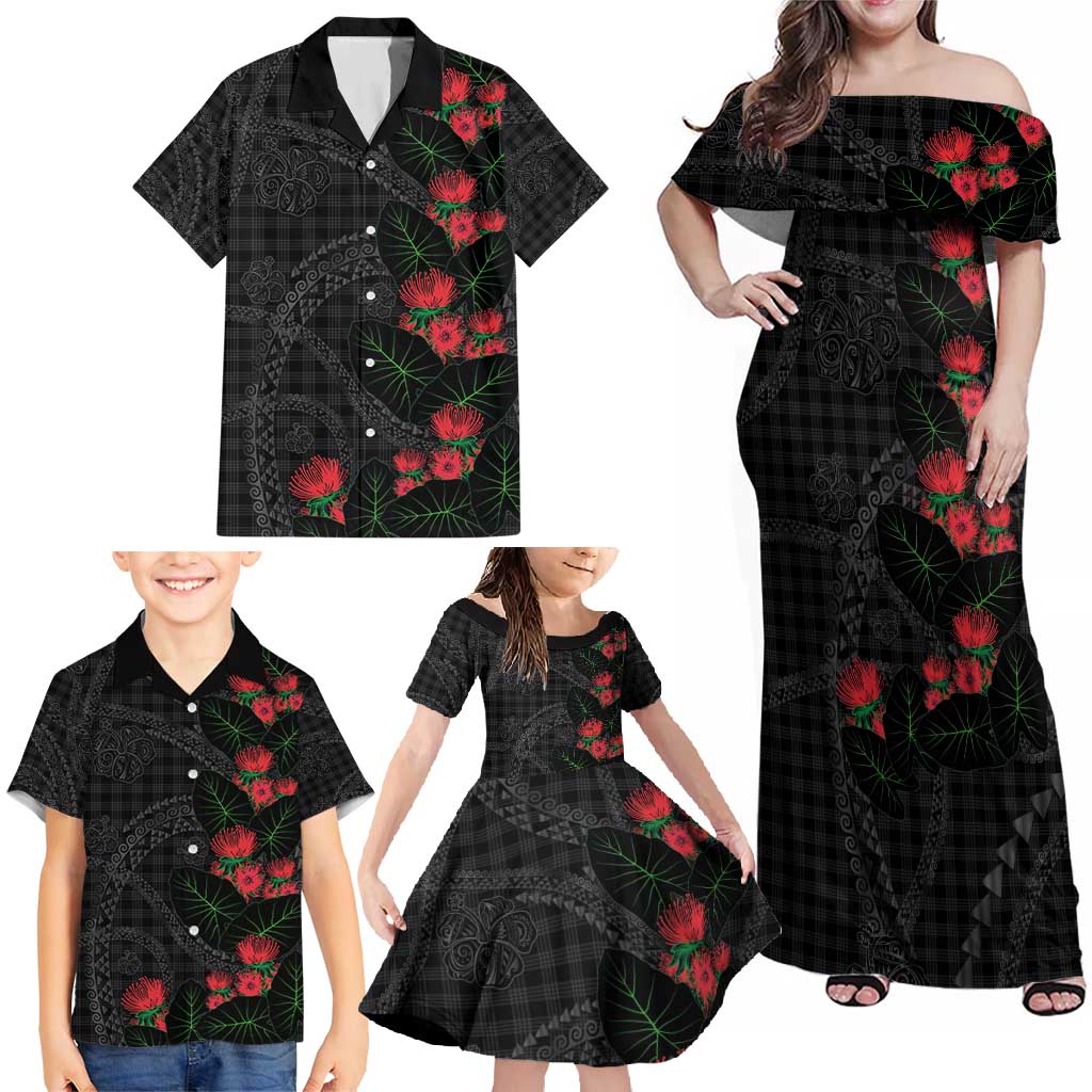 Hawaiian Kakau Art Family Matching Off Shoulder Maxi Dress and Hawaiian Shirt Taro Leaves with Ohia Lehua and Pakala Pattern - Polynesian Pride