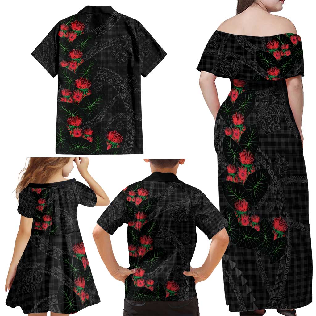 Hawaiian Kakau Art Family Matching Off Shoulder Maxi Dress and Hawaiian Shirt Taro Leaves with Ohia Lehua and Pakala Pattern - Polynesian Pride