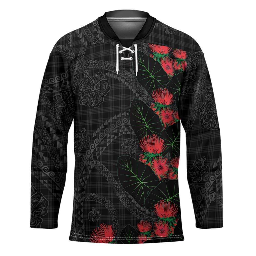 Hawaiian Kakau Art Hockey Jersey Taro Leaves with Ohia Lehua and Pakala Pattern - Polynesian Pride