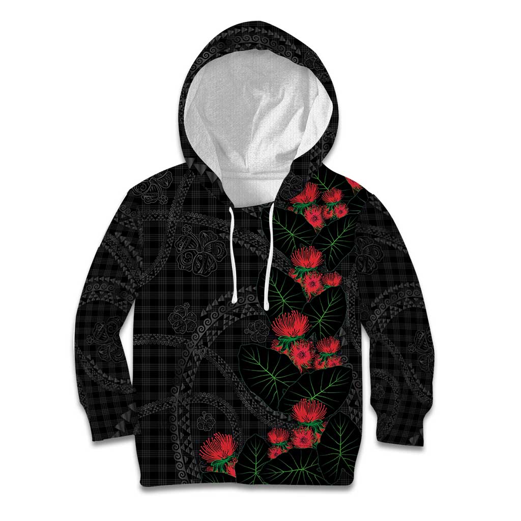 Hawaiian Kakau Art Kid Hoodie Taro Leaves with Ohia Lehua and Pakala Pattern - Polynesian Pride