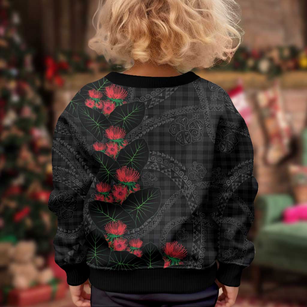 Hawaiian Kakau Art Kid Ugly Christmas Sweater Taro Leaves with Ohia Lehua and Pakala Pattern - Polynesian Pride