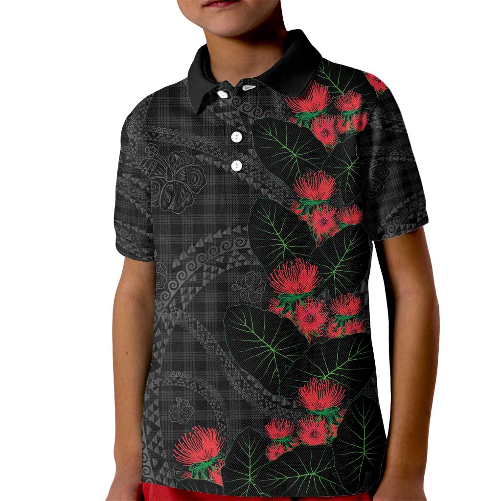 Hawaiian Kakau Art Kid Polo Shirt Taro Leaves with Ohia Lehua and Pakala Pattern - Polynesian Pride