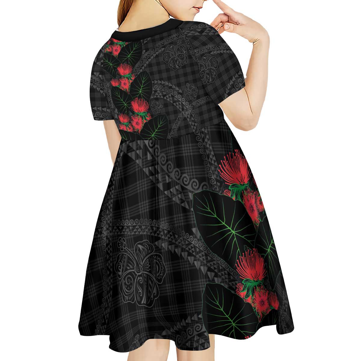 Hawaiian Kakau Art Kid Short Sleeve Dress Taro Leaves with Ohia Lehua and Pakala Pattern - Polynesian Pride