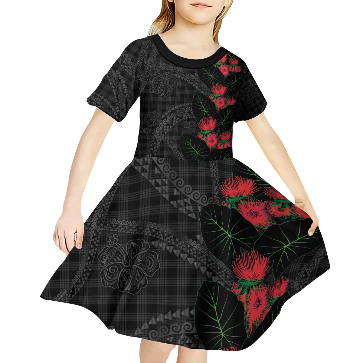Hawaiian Kakau Art Kid Short Sleeve Dress Taro Leaves with Ohia Lehua and Pakala Pattern - Polynesian Pride