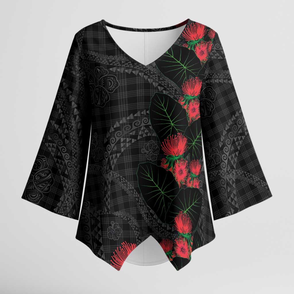 Hawaiian Kakau Art Kimono Sleeve Blouse Taro Leaves with Ohia Lehua and Pakala Pattern - Polynesian Pride