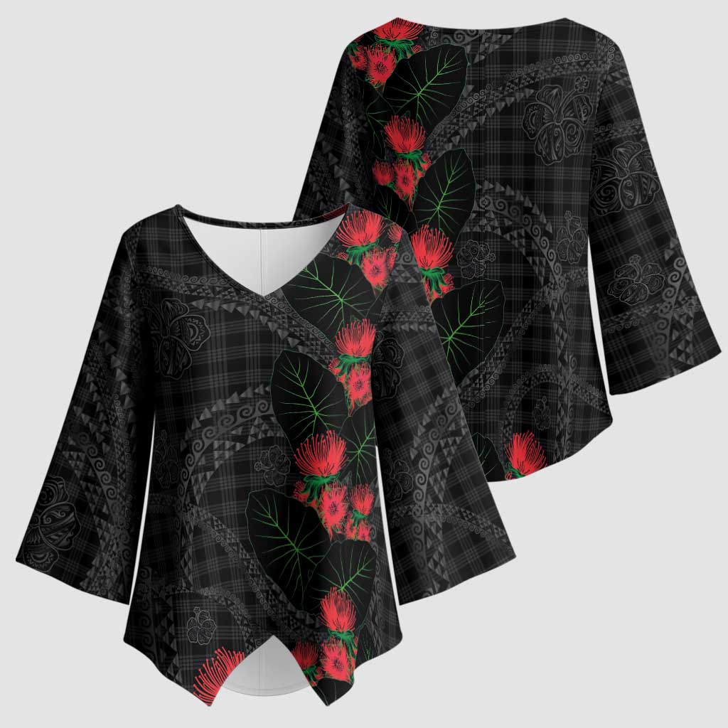Hawaiian Kakau Art Kimono Sleeve Blouse Taro Leaves with Ohia Lehua and Pakala Pattern - Polynesian Pride