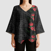 Hawaiian Kakau Art Kimono Sleeve Blouse Taro Leaves with Ohia Lehua and Pakala Pattern - Polynesian Pride