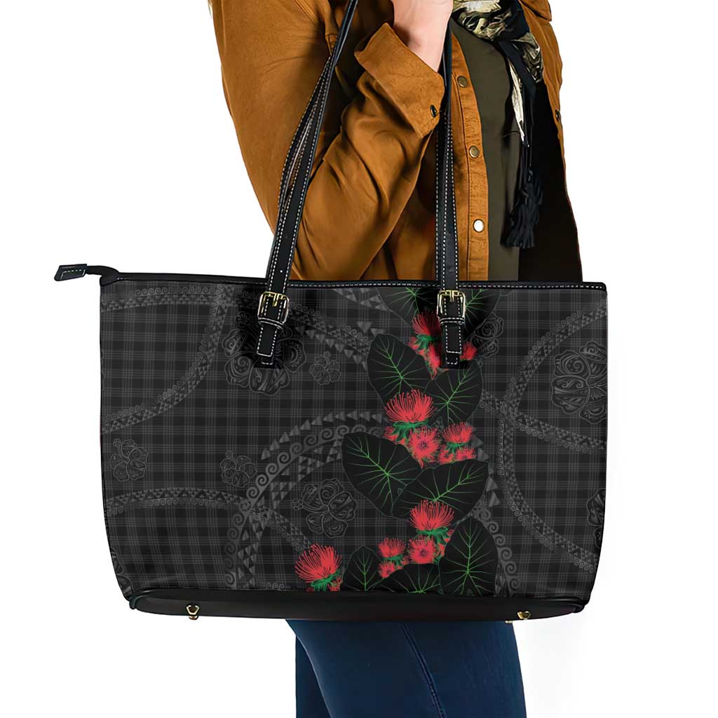 Hawaiian Kakau Art Leather Tote Bag Taro Leaves with Ohia Lehua and Pakala Pattern - Polynesian Pride