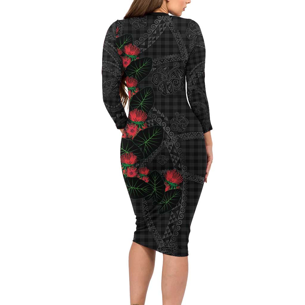 Hawaiian Kakau Art Long Sleeve Bodycon Dress Taro Leaves with Ohia Lehua and Pakala Pattern - Polynesian Pride