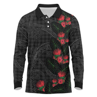 Hawaiian Kakau Art Long Sleeve Polo Shirt Taro Leaves with Ohia Lehua and Pakala Pattern - Polynesian Pride