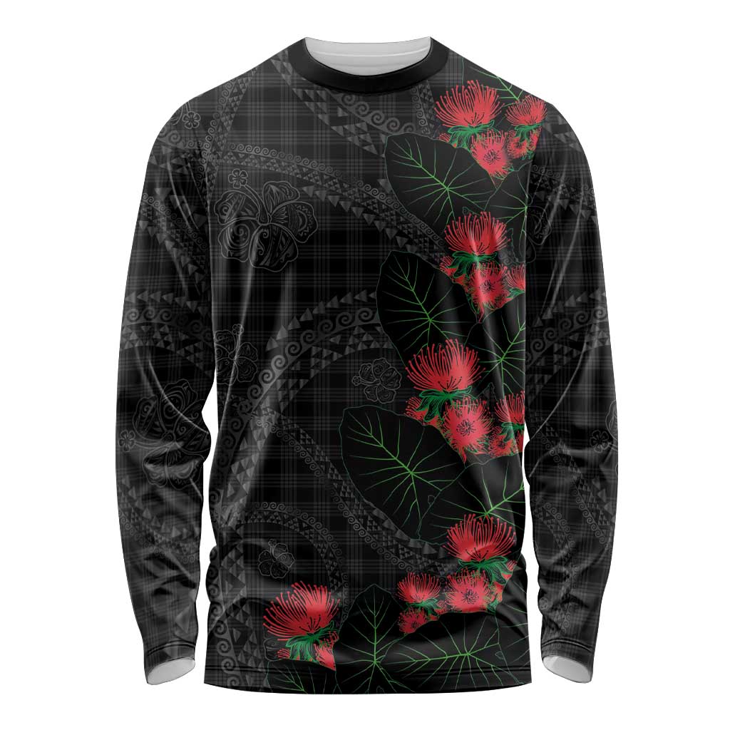 Hawaiian Kakau Art Long Sleeve Shirt Taro Leaves with Ohia Lehua and Pakala Pattern - Polynesian Pride