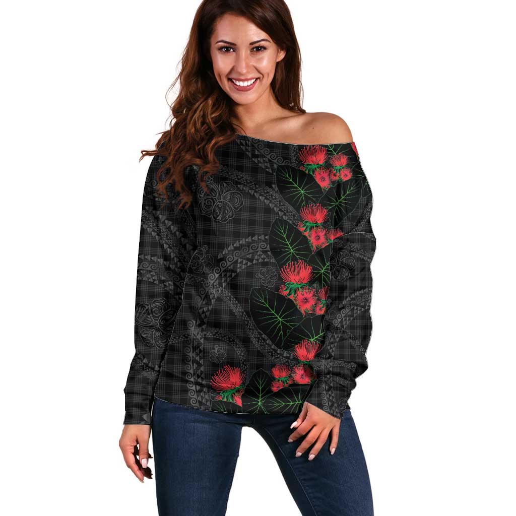 Hawaiian Kakau Art Off Shoulder Sweater Taro Leaves with Ohia Lehua and Pakala Pattern - Polynesian Pride