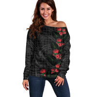 Hawaiian Kakau Art Off Shoulder Sweater Taro Leaves with Ohia Lehua and Pakala Pattern - Polynesian Pride