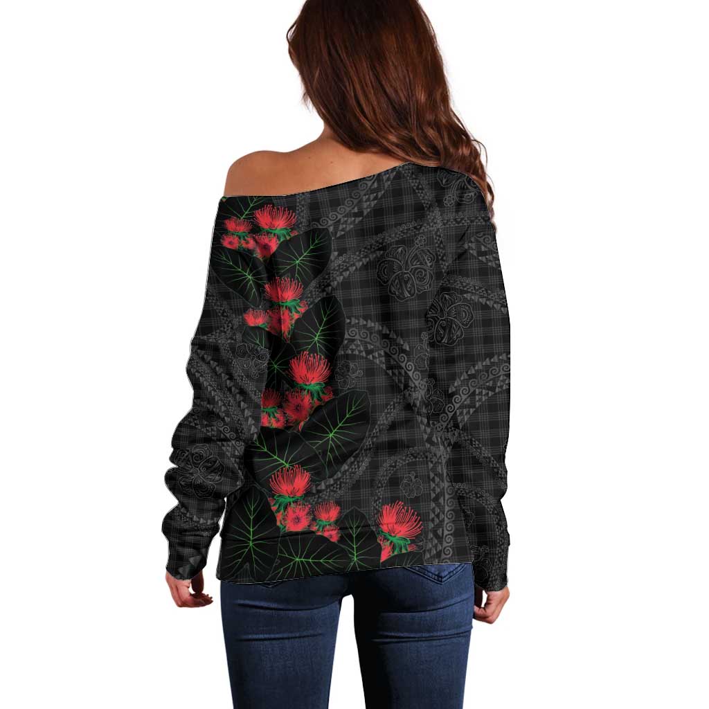 Hawaiian Kakau Art Off Shoulder Sweater Taro Leaves with Ohia Lehua and Pakala Pattern - Polynesian Pride