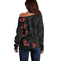 Hawaiian Kakau Art Off Shoulder Sweater Taro Leaves with Ohia Lehua and Pakala Pattern - Polynesian Pride