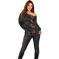 Hawaiian Kakau Art Off Shoulder Sweater Taro Leaves with Ohia Lehua and Pakala Pattern - Polynesian Pride