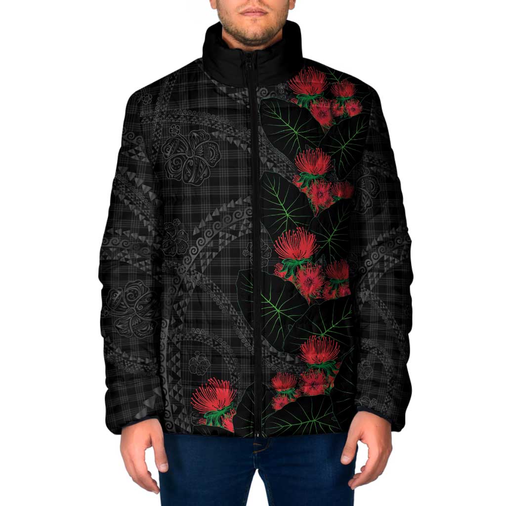 Hawaiian Kakau Art Padded Jacket Taro Leaves with Ohia Lehua and Pakala Pattern - Polynesian Pride
